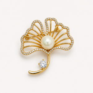 Ginkgo Pearl and Diamond Brooch