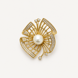 Gold Pearl Floral Filigree Brooch