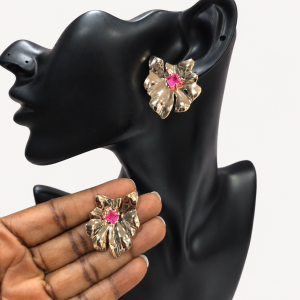 Golden Floral Earrings with Pink Gemstones