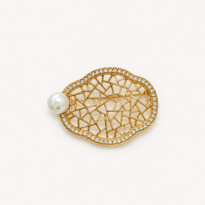 Ornate Gold Mosaic Brooch with Pearl