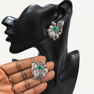 Sculptural Silver Earrings with Emerald Accents
